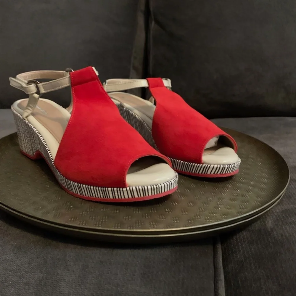 BeautiFeel Red Suede Wedge Sandals with Neutral Accents